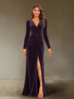 Sheath/Column V-Neck Long Sleeves Velvet Ruched Evening Dresses with Side Slit — view 12