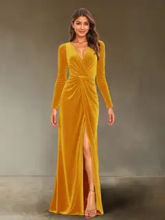 Sheath/Column V-Neck Long Sleeves Velvet Ruched Evening Dresses with Side Slit — view 13