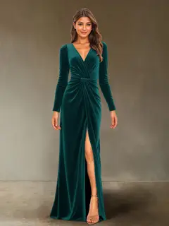 Sheath/Column V-Neck Long Sleeves Velvet Ruched Evening Dresses with Side Slit — view 18