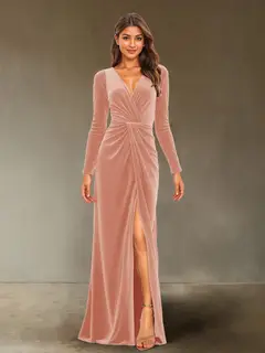 Sheath/Column V-Neck Long Sleeves Velvet Ruched Evening Dresses with Side Slit — view 19