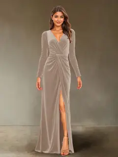 Sheath/Column V-Neck Long Sleeves Velvet Ruched Evening Dresses with Side Slit — view 20