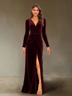 Sheath/Column V-Neck Long Sleeves Velvet Ruched Evening Dresses with Side Slit — view 21