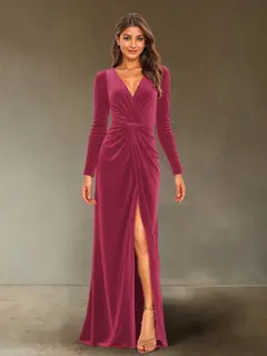 Sheath/Column V-Neck Long Sleeves Velvet Ruched Evening Dresses with Side Slit — view 23