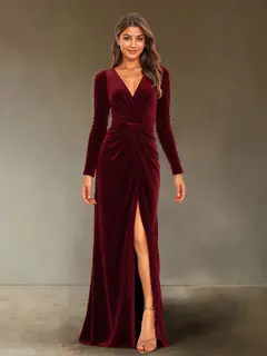 Sheath/Column V-Neck Long Sleeves Velvet Ruched Evening Dresses with Side Slit — view 24