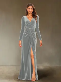 Sheath/Column V-Neck Long Sleeves Velvet Ruched Evening Dresses with Side Slit — view 25