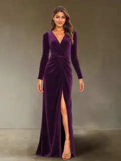 Sheath/Column V-Neck Long Sleeves Velvet Ruched Evening Dresses with Side Slit — view 26