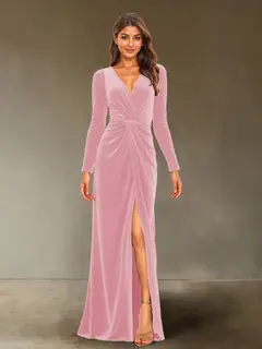 Sheath/Column V-Neck Long Sleeves Velvet Ruched Evening Dresses with Side Slit — view 27