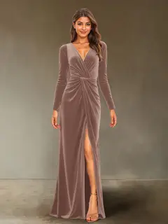 Sheath/Column V-Neck Long Sleeves Velvet Ruched Evening Dresses with Side Slit — view 28