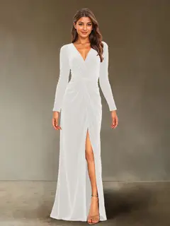 Sheath/Column V-Neck Long Sleeves Velvet Ruched Evening Dresses with Side Slit — view 31
