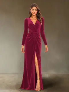 Sheath/Column V-Neck Long Sleeves Velvet Ruched Evening Dresses with Side Slit — view 32