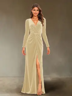 Sheath/Column V-Neck Long Sleeves Velvet Ruched Evening Dresses with Side Slit — view 35