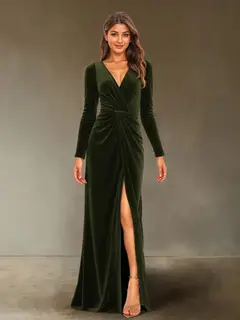 Sheath/Column V-Neck Long Sleeves Velvet Ruched Evening Dresses with Side Slit — view 38