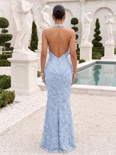 Trumpet/Mermaid Halter Sleeveless Floor-Length Evening Dresses with 3D Floral — view 2