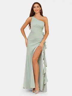 Sheath/Column One-Shoulder Sleeveless Bridesmaid Dresses with Ruffles — view 3