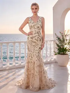 Trumpet/Mermaid V-Neck Sleeveless Floor-Length Formal Dresses With Sequins — view 1