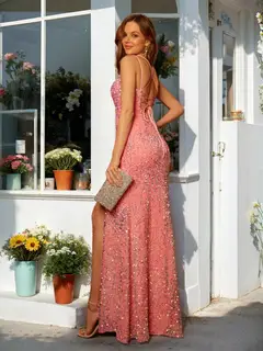 Sheath/Column Spaghetti Straps Split Side Long Tight Prom Dresses — view 1