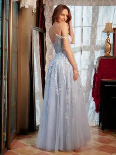 A-Line/Princess Sweetheart Applique Tulle Long Prom Dresses — view 2