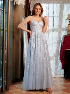 A-Line/Princess Sweetheart Applique Tulle Long Prom Dresses — view 4