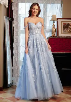 A-Line/Princess Sweetheart Applique Tulle Long Prom Dresses — view 5