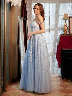 A-Line/Princess Sweetheart Applique Tulle Long Prom Dresses — view 6