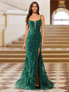 Trumpet/Mermaid Spaghetti Straps Tulle Long Evening Dresses with Side Slit & Appliques — view 1