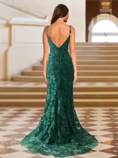Trumpet/Mermaid Spaghetti Straps Tulle Long Evening Dresses with Side Slit & Appliques — view 2