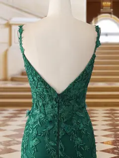 Trumpet/Mermaid Spaghetti Straps Tulle Long Evening Dresses with Side Slit & Appliques — view 5