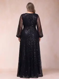 A-Line/Princess V-Neck Long Sleeves Sequins Plus Size Mother of the Bride Dresses — view 2