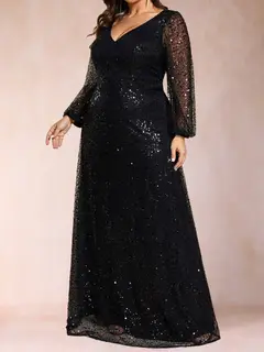 A-Line/Princess V-Neck Long Sleeves Sequins Plus Size Mother of the Bride Dresses — view 4