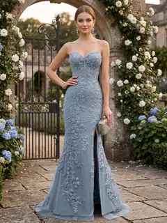 Trumpet/Mermaid Sweetheart Pleated Tulle Long Evening Dresses with Side Slit & Appliques — view 1