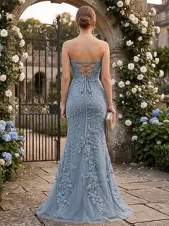 Trumpet/Mermaid Sweetheart Pleated Tulle Long Evening Dresses with Side Slit & Appliques — view 2