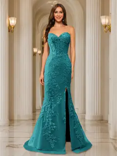 Trumpet/Mermaid Sweetheart Pleated Tulle Long Evening Dresses with Side Slit & Appliques — view 3