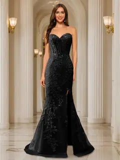 Trumpet/Mermaid Sweetheart Pleated Tulle Long Evening Dresses with Side Slit & Appliques — view 4