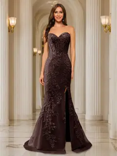 Trumpet/Mermaid Sweetheart Pleated Tulle Long Evening Dresses with Side Slit & Appliques — view 6