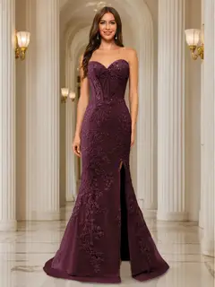 Trumpet/Mermaid Sweetheart Pleated Tulle Long Evening Dresses with Side Slit & Appliques — view 7