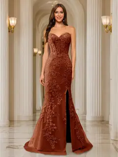 Trumpet/Mermaid Sweetheart Pleated Tulle Long Evening Dresses with Side Slit & Appliques — view 8