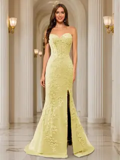Trumpet/Mermaid Sweetheart Pleated Tulle Long Evening Dresses with Side Slit & Appliques — view 9