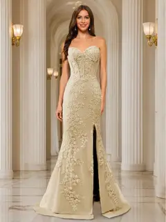 Trumpet/Mermaid Sweetheart Pleated Tulle Long Evening Dresses with Side Slit & Appliques — view 10