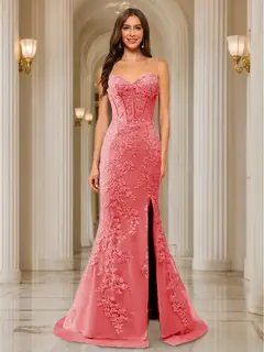 Trumpet/Mermaid Sweetheart Pleated Tulle Long Evening Dresses with Side Slit & Appliques — view 11