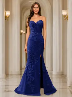 Trumpet/Mermaid Sweetheart Pleated Tulle Long Evening Dresses with Side Slit & Appliques — view 13