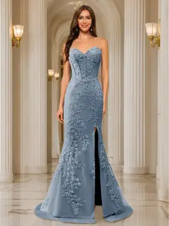 Trumpet/Mermaid Sweetheart Pleated Tulle Long Evening Dresses with Side Slit & Appliques — view 14