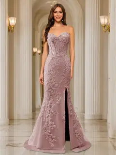 Trumpet/Mermaid Sweetheart Pleated Tulle Long Evening Dresses with Side Slit & Appliques — view 15