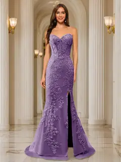 Trumpet/Mermaid Sweetheart Pleated Tulle Long Evening Dresses with Side Slit & Appliques — view 16