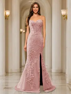Trumpet/Mermaid Sweetheart Pleated Tulle Long Evening Dresses with Side Slit & Appliques — view 17