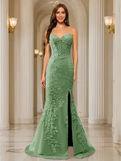 Trumpet/Mermaid Sweetheart Pleated Tulle Long Evening Dresses with Side Slit & Appliques — view 18