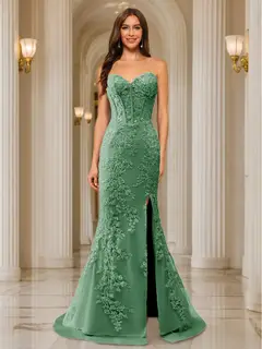 Trumpet/Mermaid Sweetheart Pleated Tulle Long Evening Dresses with Side Slit & Appliques — view 20