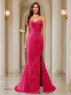 Trumpet/Mermaid Sweetheart Pleated Tulle Long Evening Dresses with Side Slit & Appliques — view 22