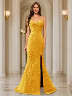 Trumpet/Mermaid Sweetheart Pleated Tulle Long Evening Dresses with Side Slit & Appliques — view 23