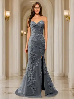 Trumpet/Mermaid Sweetheart Pleated Tulle Long Evening Dresses with Side Slit & Appliques — view 25