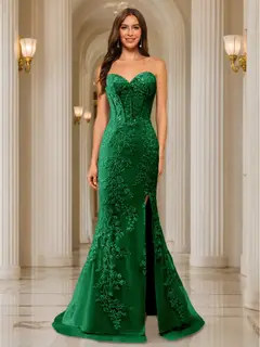 Trumpet/Mermaid Sweetheart Pleated Tulle Long Evening Dresses with Side Slit & Appliques — view 26